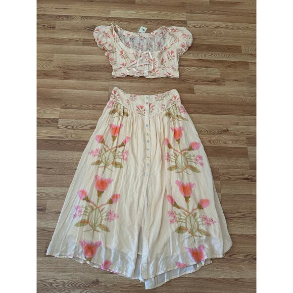 Free People Easy to Love 2 Piece Multicolor Floral  Maxi Skirt Set Size L - NWT - Picture 2 of 8